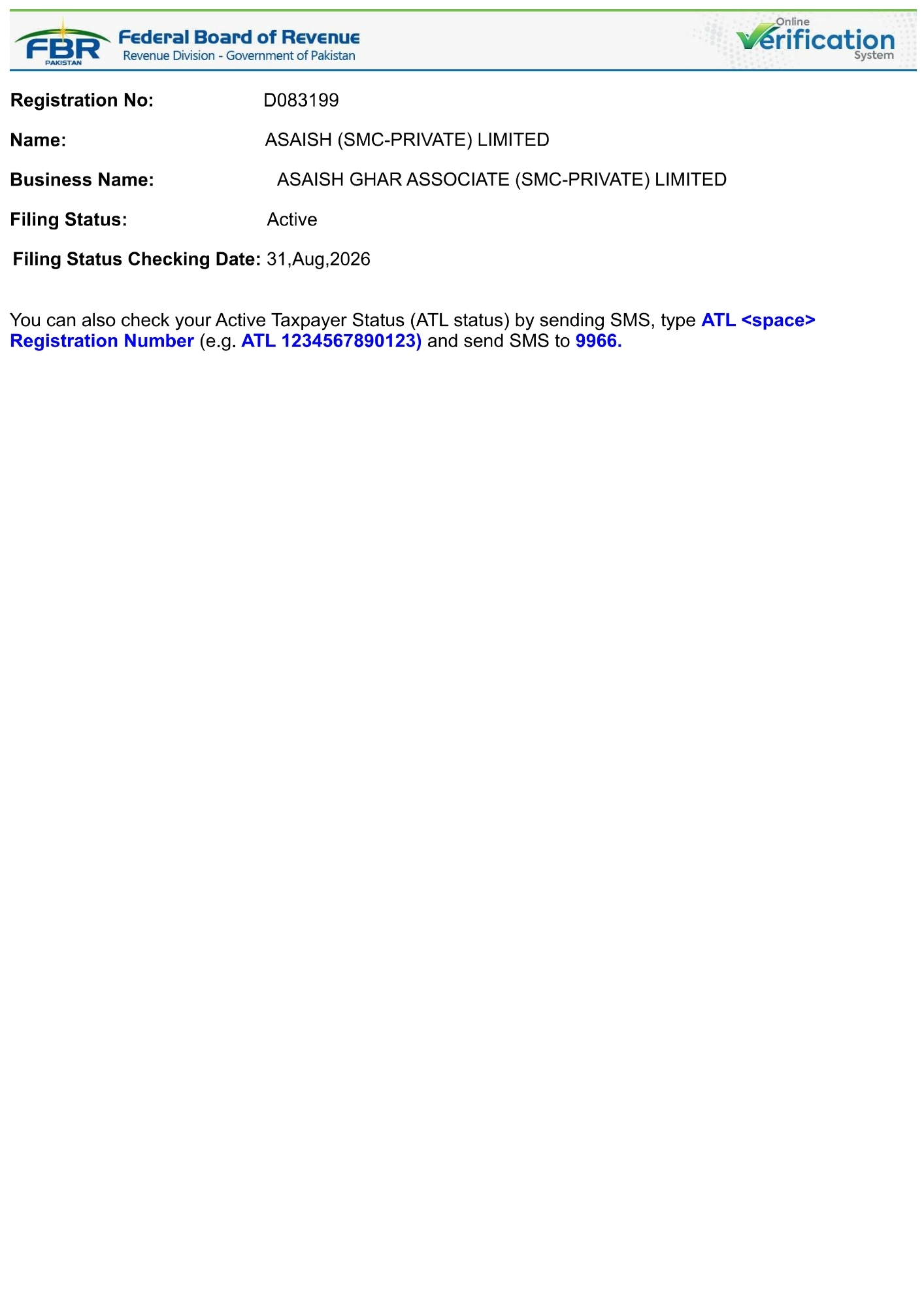 FBR Online Verification System Status - Asaish Ghar
