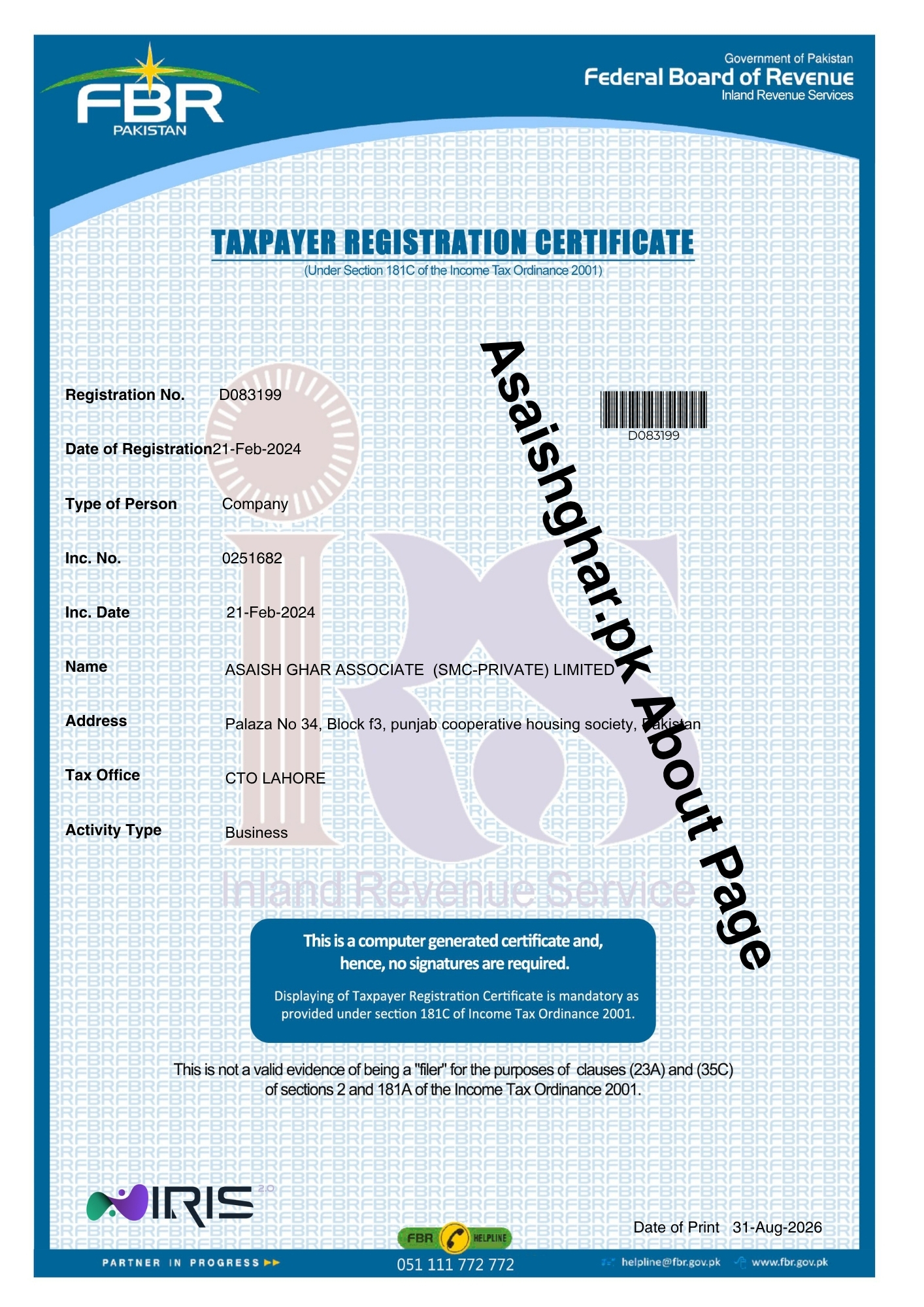 FBR Taxpayer Registration Certificate - Asaish Ghar Associate